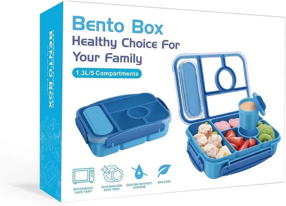 Amathley 5-Compartment Bento Box for Adults Kids Toddlers Leak-Proof Lunch Container