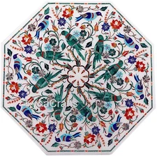 Gemstone Inlay Work Side Table for Hallway Decor White Marble Coffee Table Top