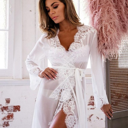 Women Lace Trim Lingerie Robe Dressing Gown Long Sheer Babydoll Nightwear - Picture 10 of 15