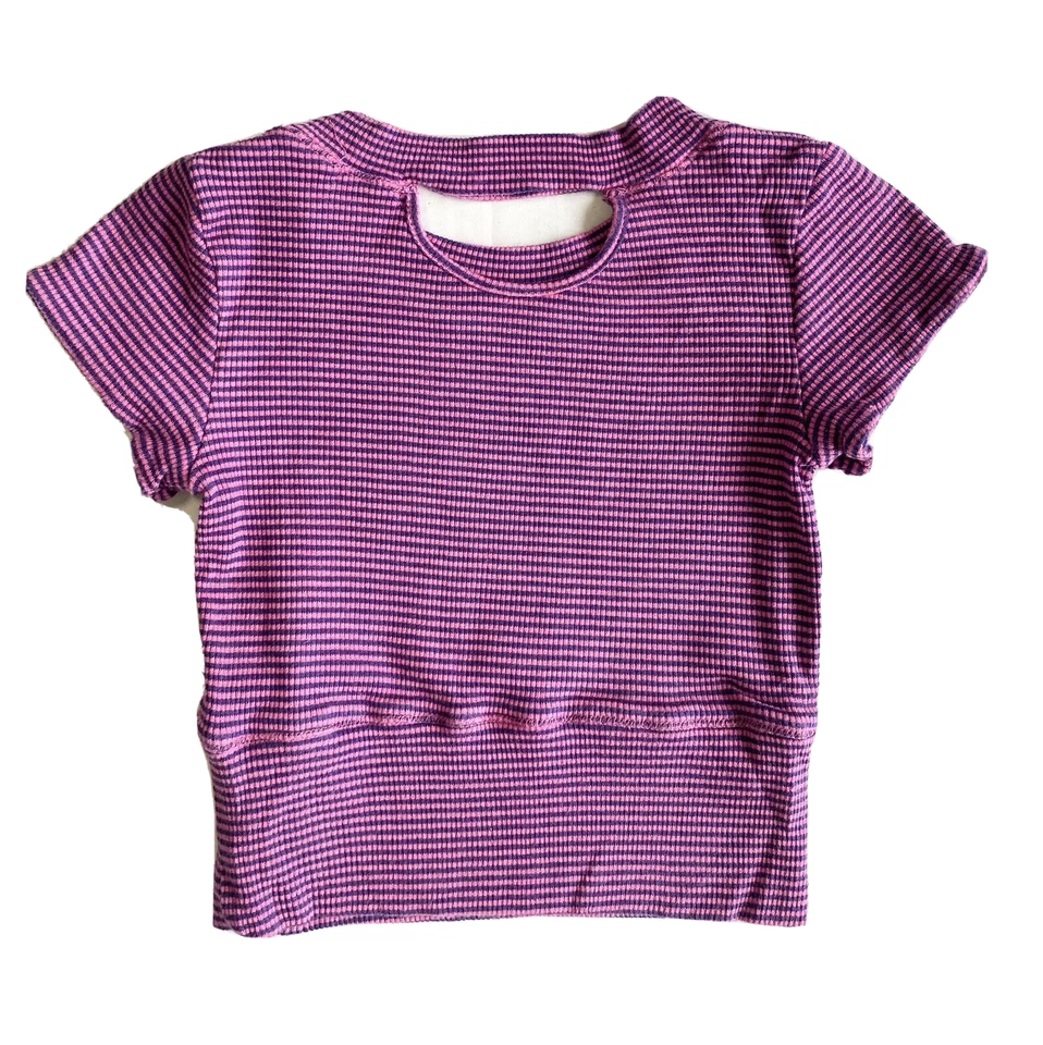 Espléndido Top Manga Corta Rosa y Púrpura Rayas Niñas Talla 10 Funciona Pequeño Foto 2 de 3