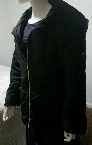 ATTENTION Black w/Gold Drawstring Collar Fitted Puffer Coat Jacket Women's L - Picture 3 of 8