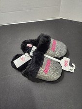 Justice Girls size 13/1 Slip-on Slippers black/faux fur and silver/glitter New