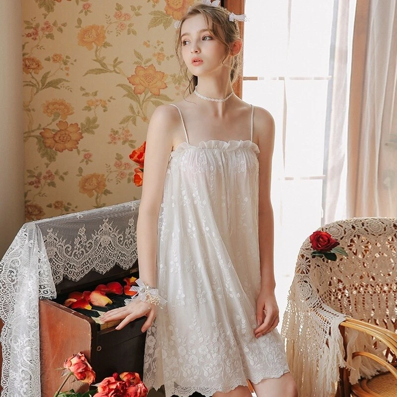 Lady Sling Pajamas Western Court Style Nightdress Lace Nightie Sleepwear  Fashion