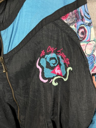 vintage 1980s le coq sportif women’s track jacket size S black with floral print - Picture 2 of 9