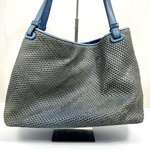 TORY BURCH Thea Woven Leather Shoulder Bag Blue / Beige Satchel Tote NO TASSELS - Picture 6 of 12