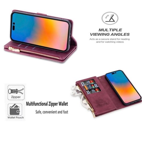 For iPhone 16 15 14 13 12 11 Pro Max Plus Leather Zipper Wallet Case Flip Cover - Picture 5 of 73