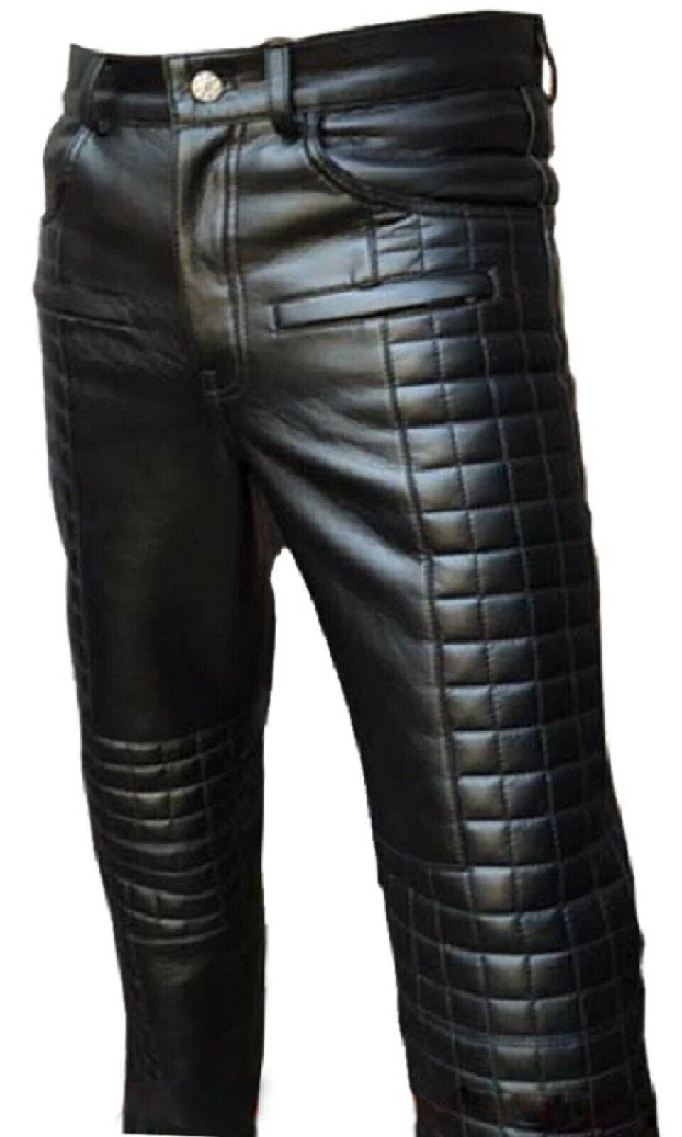 Men's Bikers Pants Real Black Leather Quilted Design Motorcycle Jeans Trousers