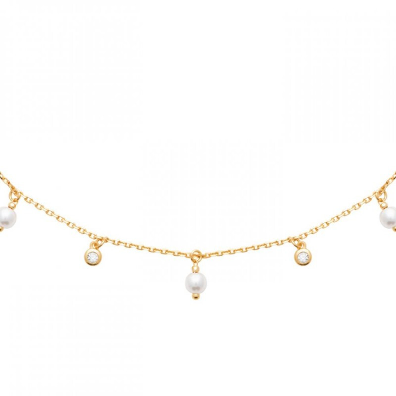 Collier breloques perles et oxydes zirconium plaqué or anti-noircissement pour peau sensible