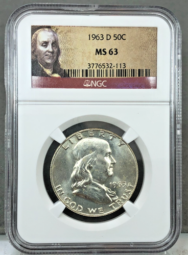 1963-D U.S. 50c Franklin Half Dollar Silver Coin ~ NGC MS63