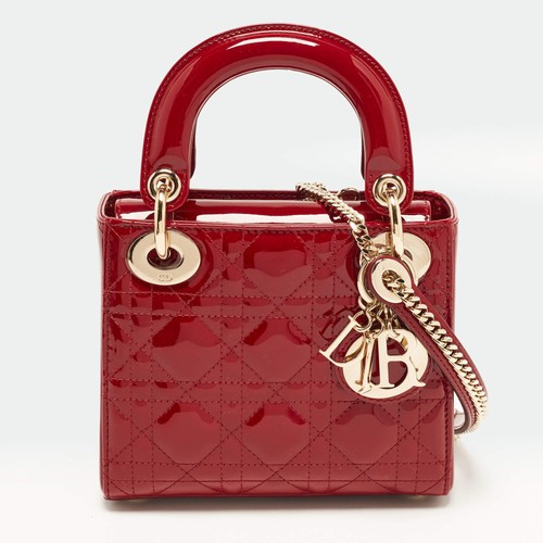 Dior Lady Dior Mini Red Cannage Patent Leather Tote