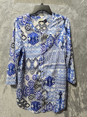 Collections Etc Womens Shirt Blouse Large Blue Button Down Long Roll Tab Sleeve