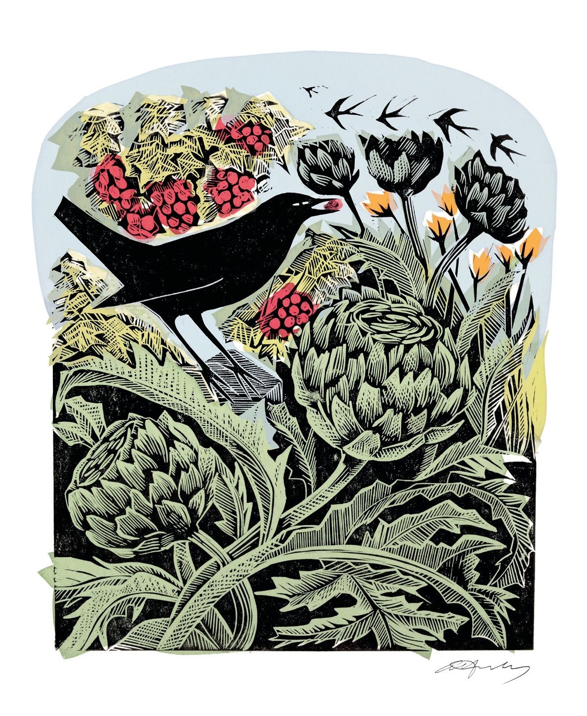 Angela Harding Blackbird & Artichoke Blank Greeting Card with Envelope