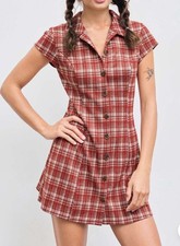 Cider Red Knit Fabric Collar Checks Button Down Mini Dress Size L