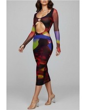 HOUSE OF CB Marina Mesh Bodycon Long Dress, Black Orchid Print Size Large