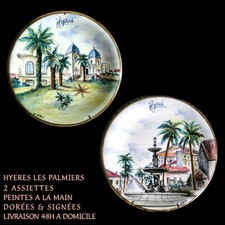 HYERES LES PALMIERS ASSIETTES PEINTES A LA MAIN DORÉES & SIGNÉES COLISSIMO 48 H.