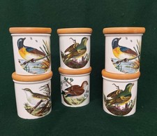 Portmeirion 6 Small Birds of Britain Spice Jars. Ceramic with wooden lids. 7cm H