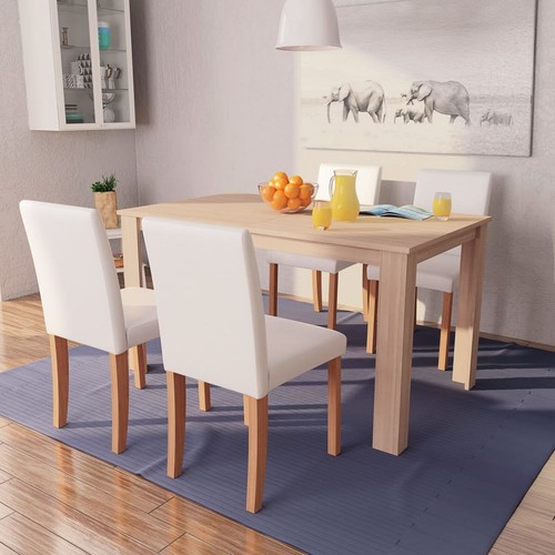 Eikenhouten Eettafel met 5 Stoelen Kunstleer Crème Tafel Eetstoel Stoel vidaXL