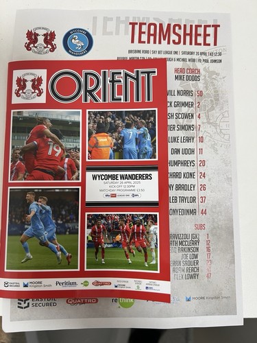 Leyton Orient v Wycombe Wanderers Programme 26 /04/2025 Plus Team Sheet