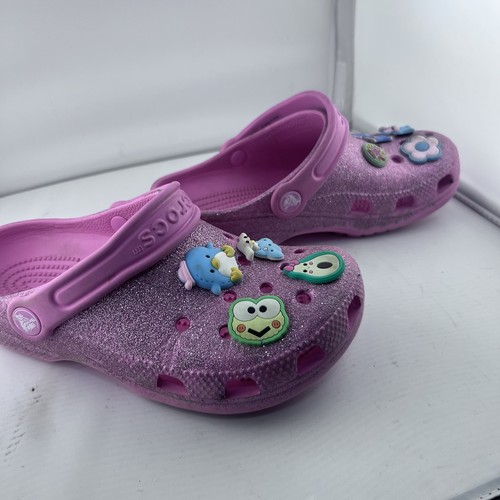 Girls Size J 2 CROCS Shoes Pink Glitter With Charms - Picture 8 of 13