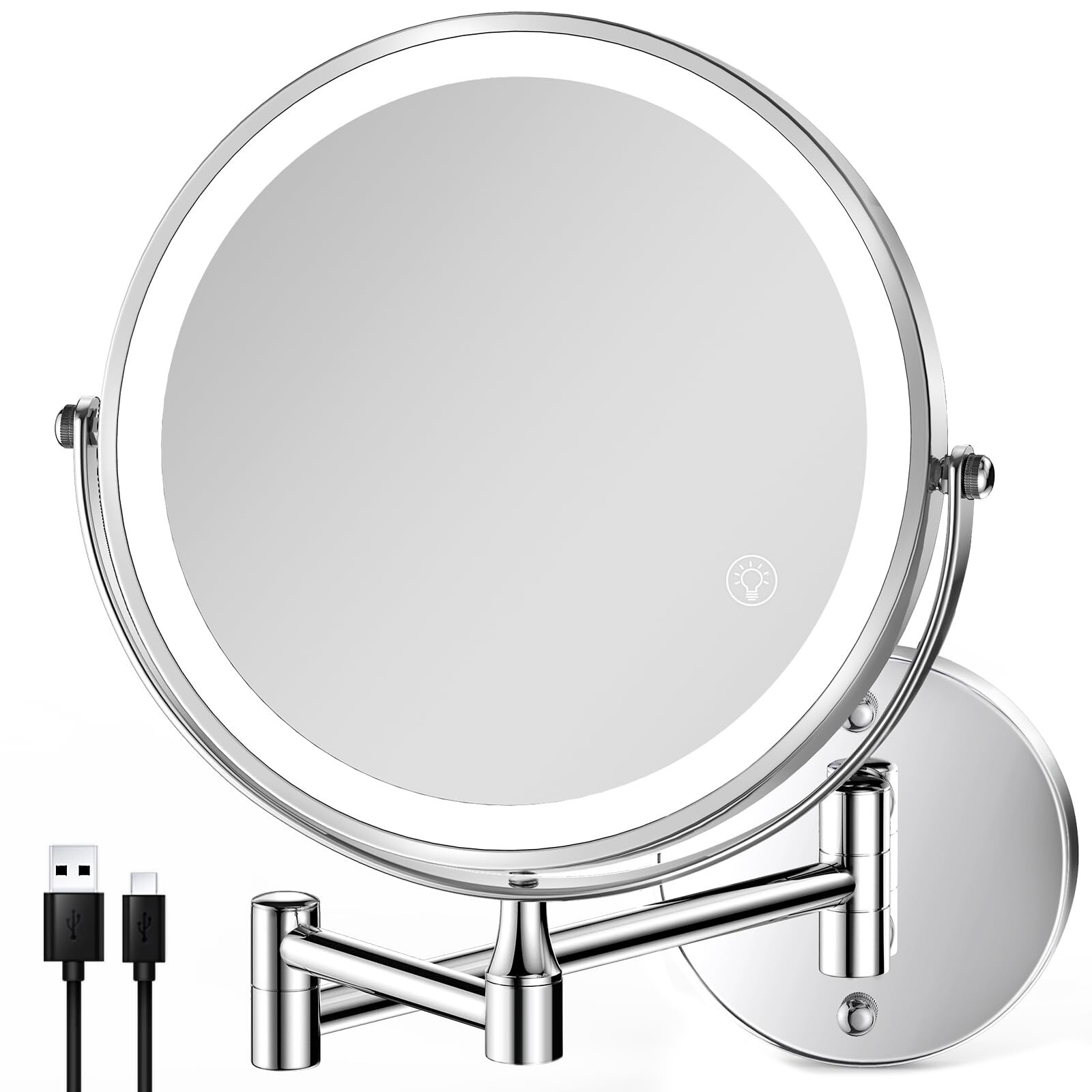 8.5 Inch Rechargeable Wall Mounted Lighted Makeup Mirror, Double-Sided 1X/10X...