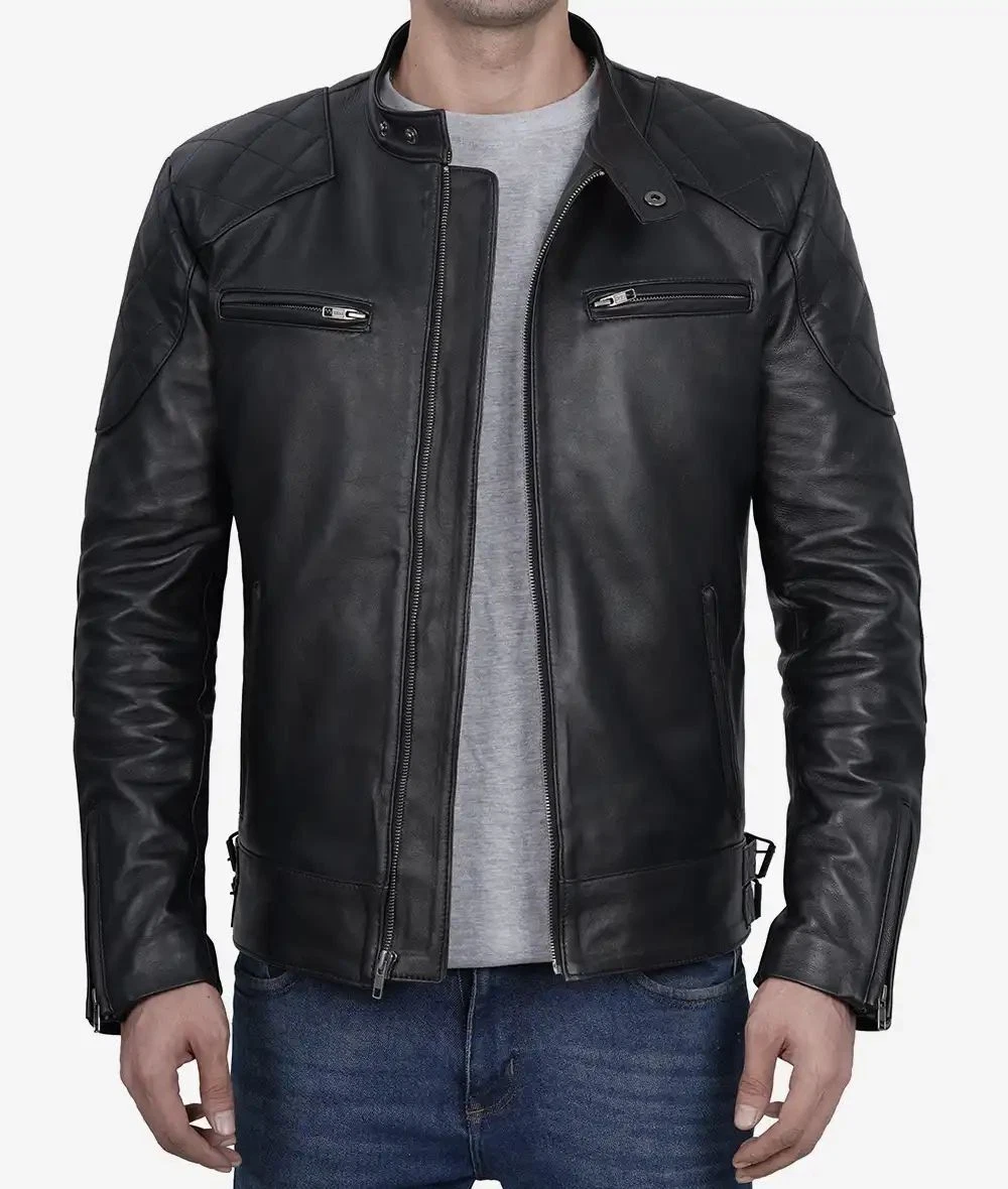 Men's Cafe Racer Stylish Moto Biker Trucker Real Sheepskin Black Leather Jacket
