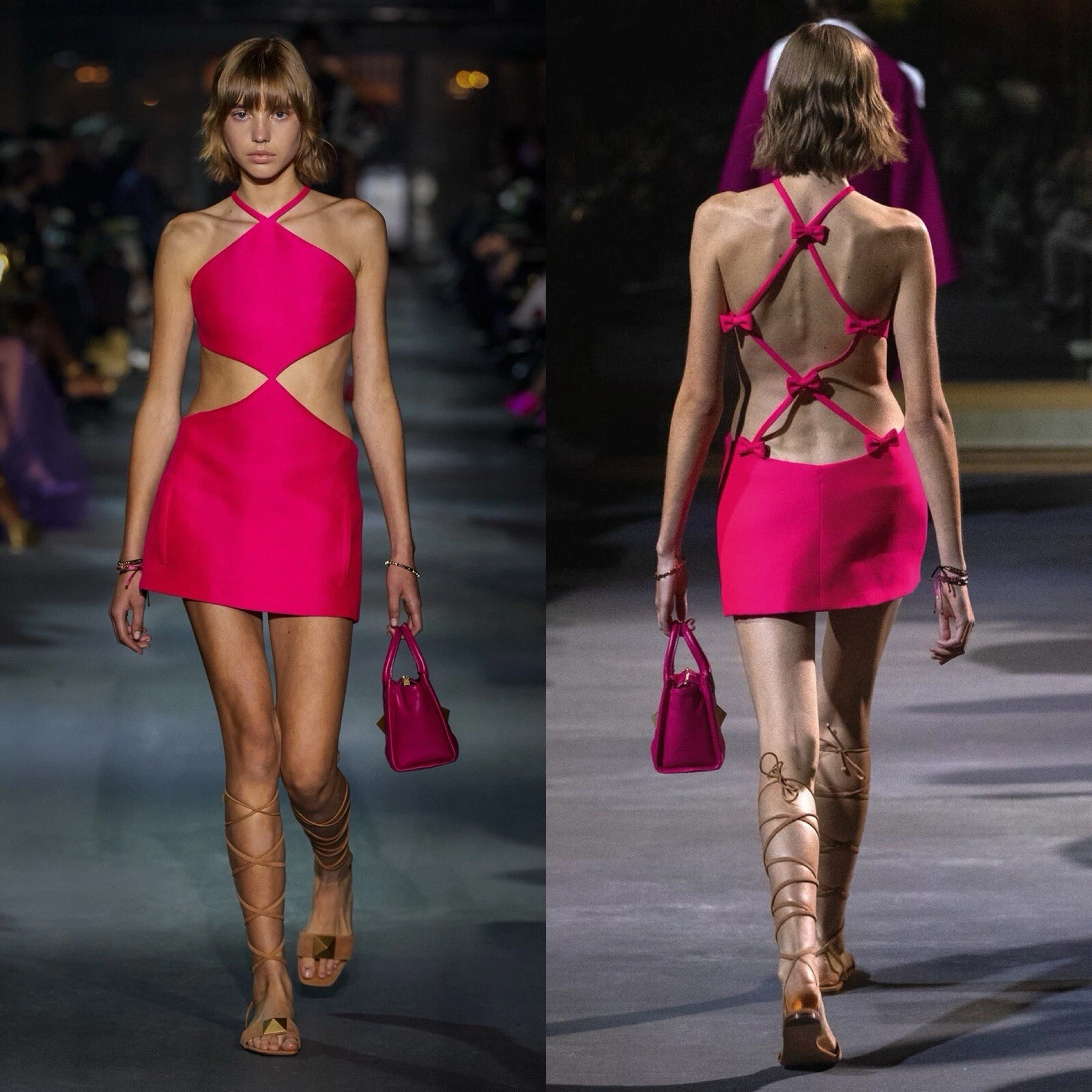 VALENTINO RUNWAY RITAGLIO CREPE MINI ABITO ROSA FIOCCO IT 40