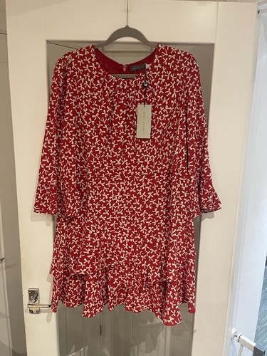 Como Nuevo Mini Vestido Terciopelo Rojo Estampado Lazo Volantes Talla Uk18 Nuevo Con Etiquetas PVP£109