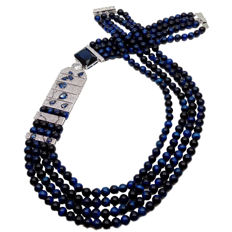 Round Blue Tiger's-Eye Necklace CZ Pave Connector 20" - Imagem 4 de 4