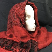 Red Black Paisley Head Scarf Wrap Shawl 28" x 64" Rectangle Tassel Fringe Ends