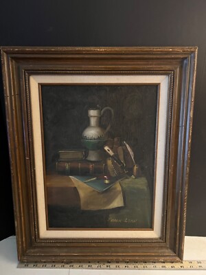 Vintage Frank Lean Still Life Oil Painting Books & Pipe Framed