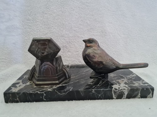 ART DECO 1930'S FRENCH BRONZE WREN INKWELL WITH MARBLE BASED DESK TIDY VGC - Picture 10 of 12