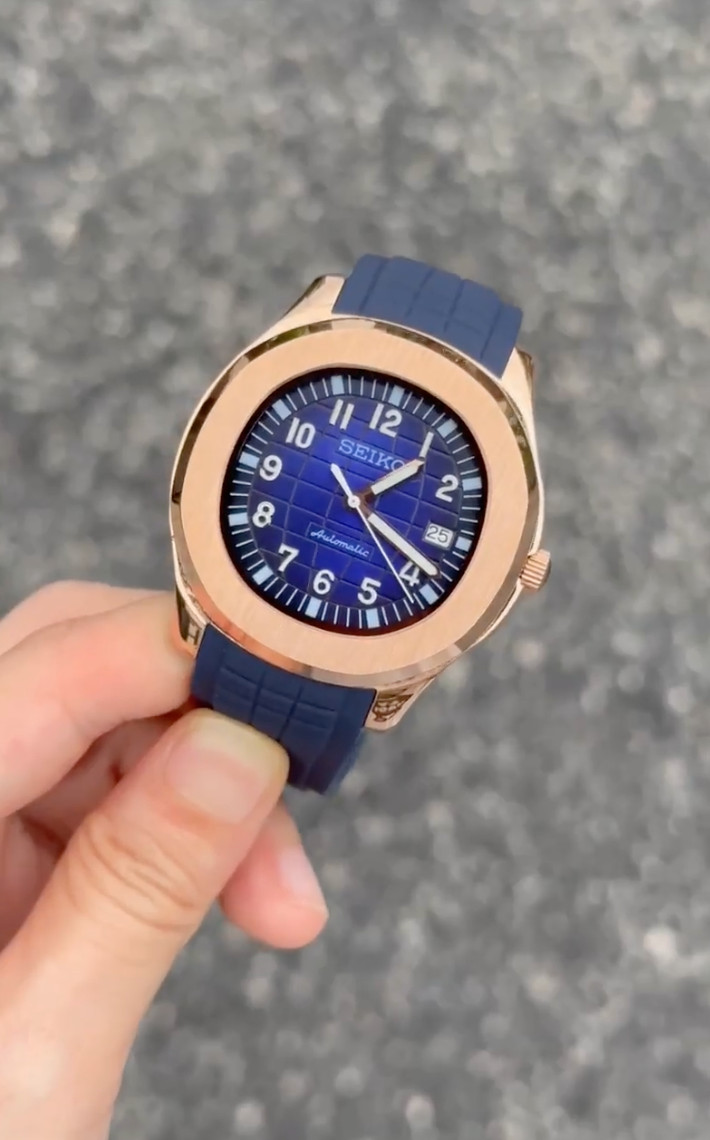 Seikmod Nautilus Style | Blue Grid Dial | Rose Gold Aut NH35 | Sapphire | Rubber