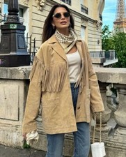 Zara Fringed Suede Leather Jacket Sand Beige Size Xs-s Extra Small 4341/888 New