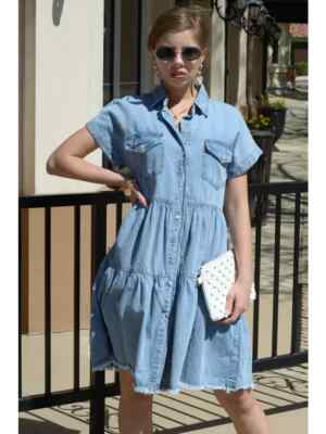 ESLEY DENIM MINI DRESS WITH POCKETS SO CUTE SIZE M-PERFECT FOR THE  OFFICE!!! | eBay