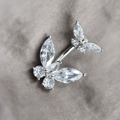 Lab-Created Diamond Butterfly Belly Button Navel Button 14K White Gold Plated