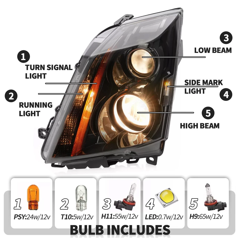 2PCS Halogen Black Headlights Projector w/Bulbs For Cadillac CTS 2008-2014 2015 - Image 2 of 4