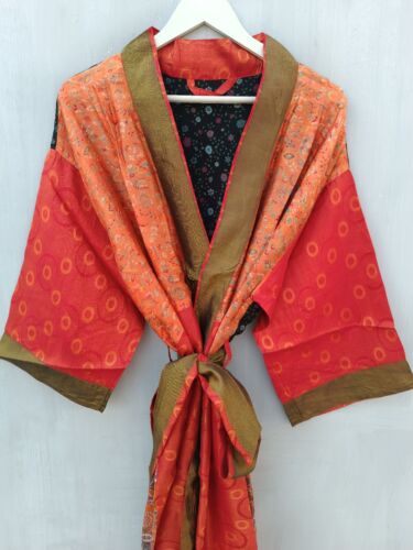 Indian Pure Sari Silk Kimono Bikini Cover Up Robe Multi Color Robe,  B-2385 - Picture 1 of 7