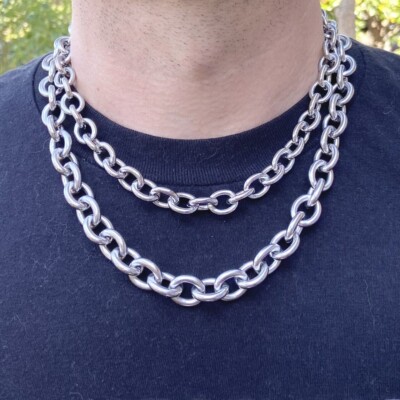 Men Punk Chain Choker Silver Titainium Stainless Steel Cable Thick