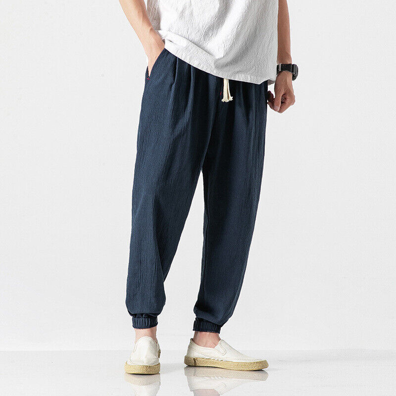 Japanese Mens Solid Color Cotton Linen Pants Elastic Waist Casual Harem Trousers