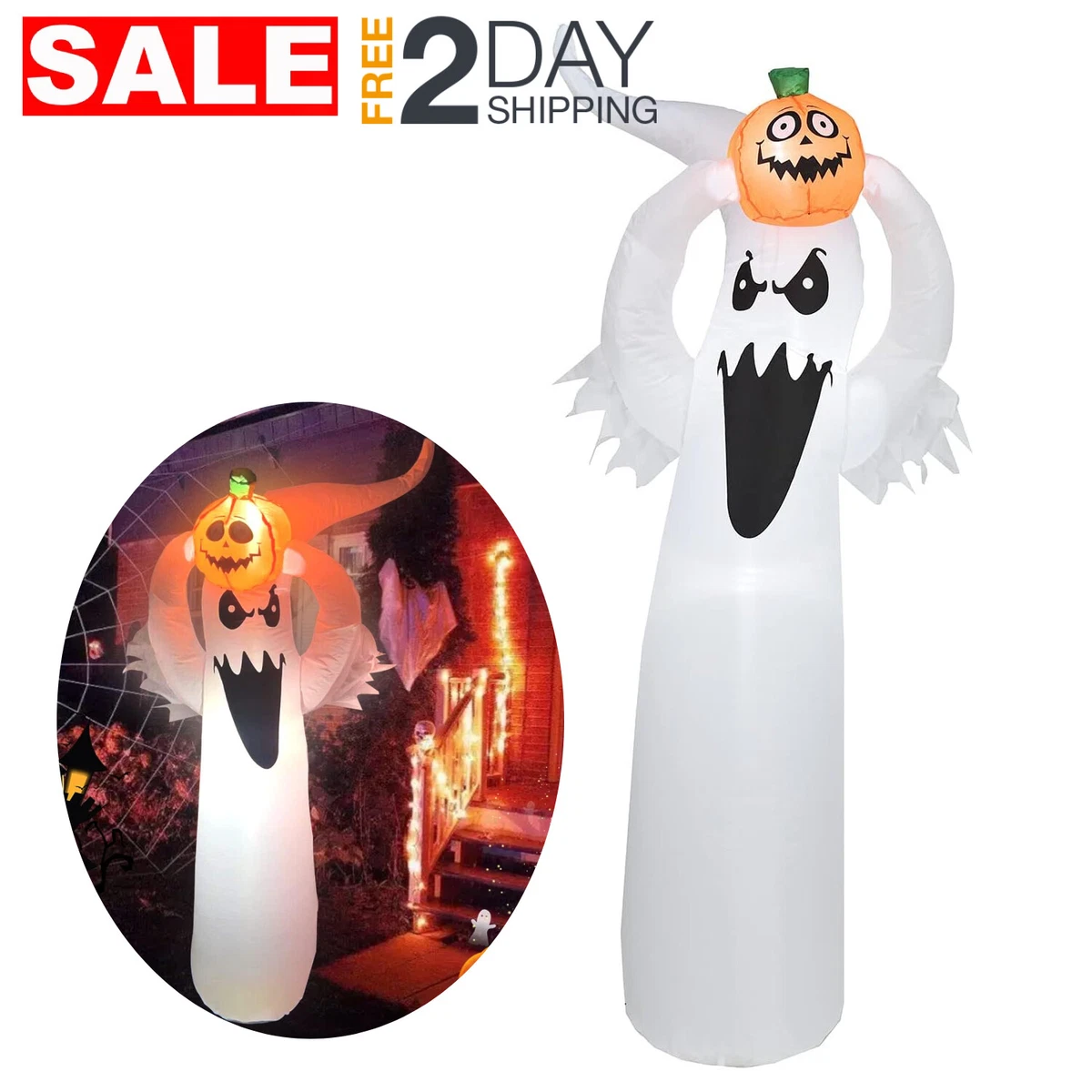 Ghost With Pumpkin 6 Ft LED Halloween Inflatables Outdoor Decorations Clearance