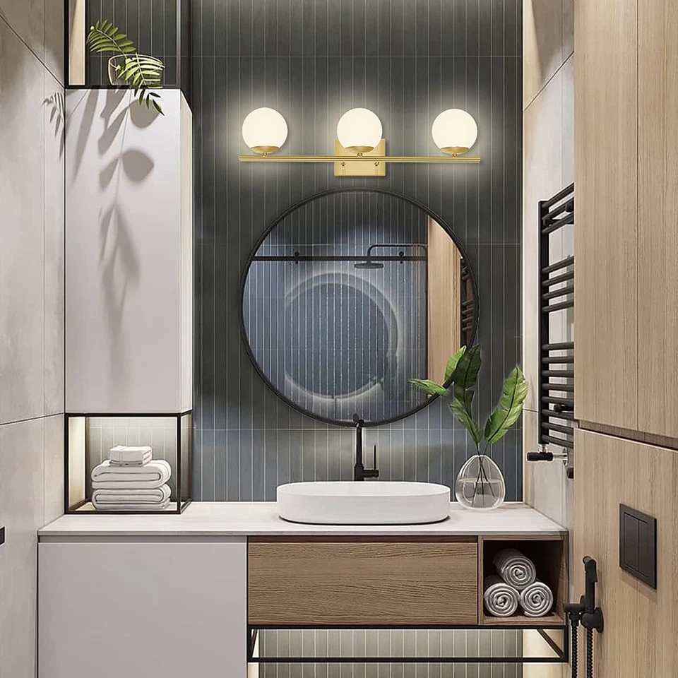 Modern 3-Light Bathroom Vanity Wall Light Fixture in Gold & Milk White Glass - Image 2 of 4