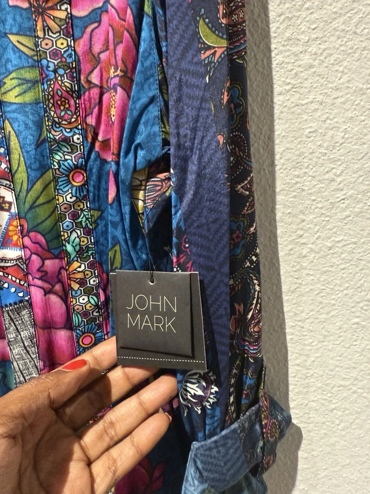 Nuevo Top de cachemira floral sedoso manga enrollable XL John Mark para mujer Foto 3 de 4