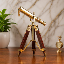 Vintage Brass Telescope, Wooden Tripod Stand, Decorative Nautical Spyglass Gift