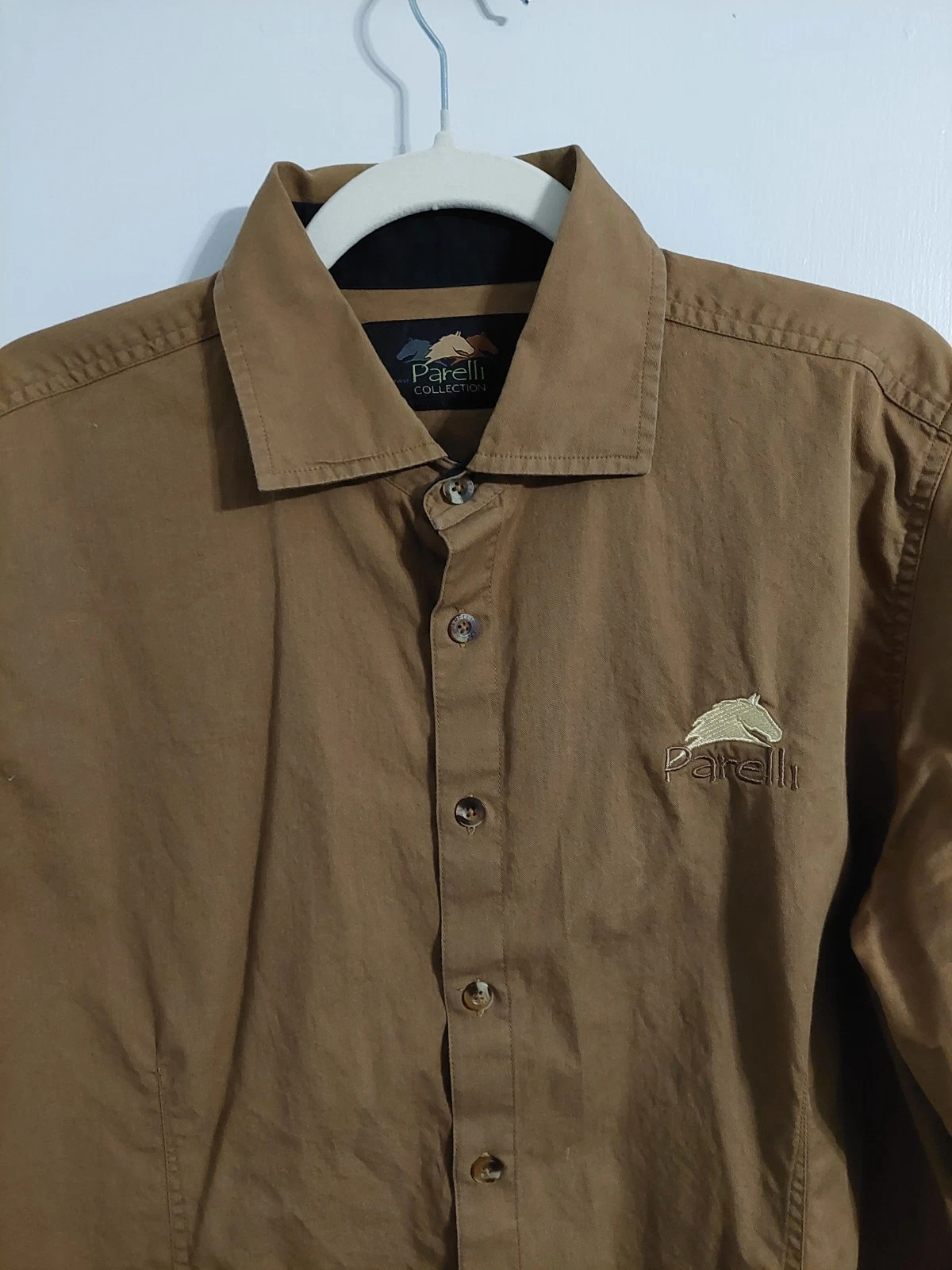 Parelli Collection Cotton Brown Button-Up Shirt Men's Long Sleeve 44 in Chest