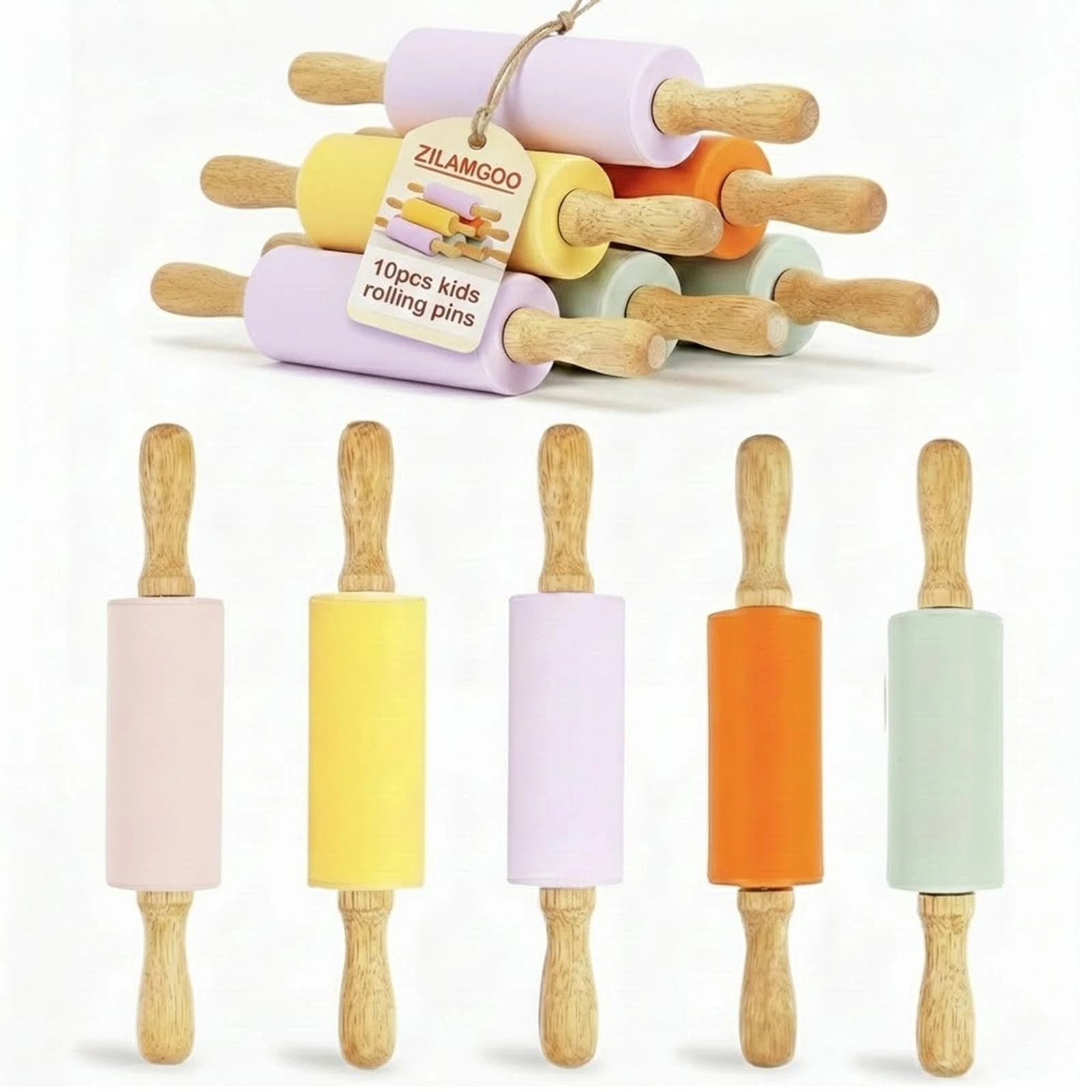 10 Pack Rolling Pins, 9 Inch Small Silicone Rolling Pin with Wooden Handle fo...