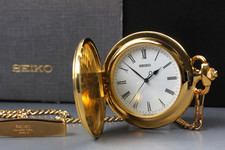 Vintage 1993 N MINT w/Box Seiko Pocket Watch 7N21-0A00 Gold Full Hunter Roman