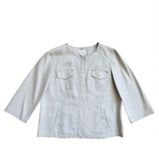 Chicos 100 Linen Jacket Light Grey Silver Collarless Snap Front Size 2 Large