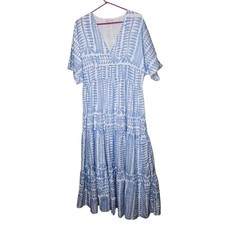 Baltic Born Womens XL Maxi Dress Blue White Leafy Flowy Tiered V Neck Cottage
