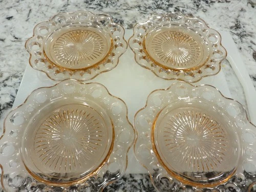 4 Vintage Anchor Hocking 6" Dessert Plates Pink Old Colony Open Lace Pattern EUC
