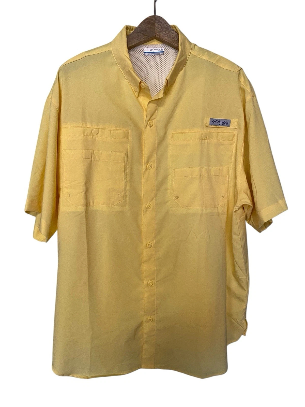 Columbia Mens Large Vented Fishing Shirt Button Up Short Sleeve PFG Yellow